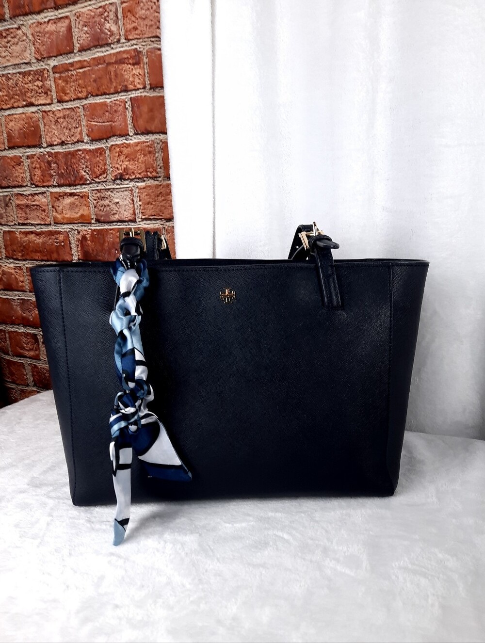 Tory Burch Navy Saffiano Tote with Blue-White Scarf Accent